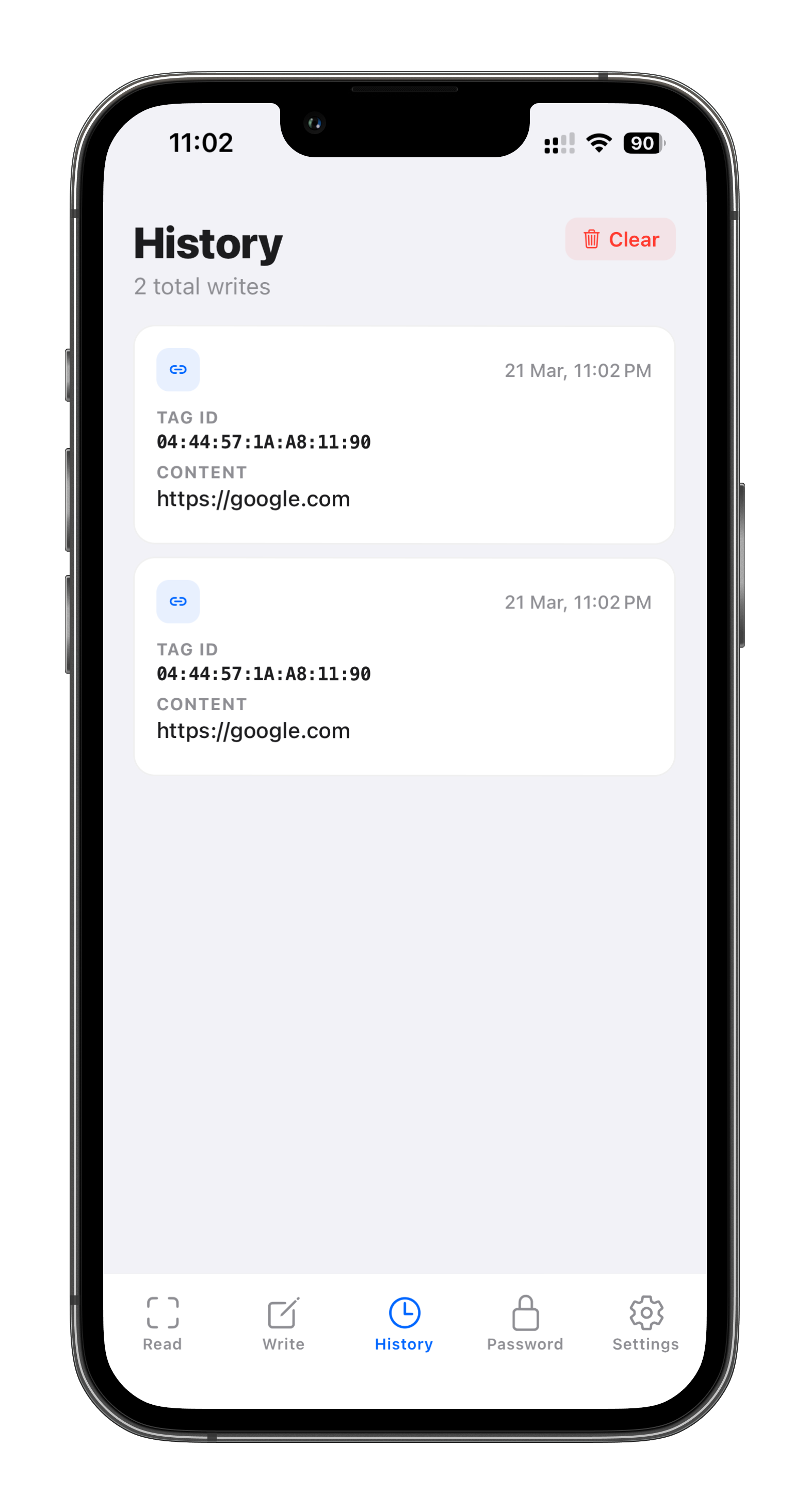 NFC Memo history tab